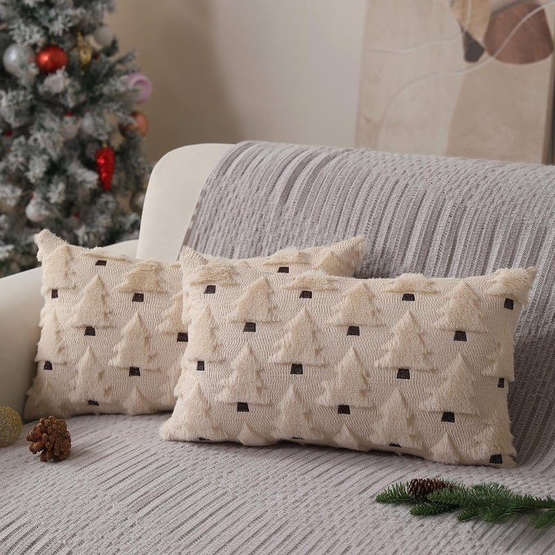 Allorry Christmas Pillow Covers 12x20 inch Set of 2 Xmas Decorations Soft Plush Faux Fur Wool Beige Christmas Tree Throw Pillow Cases Winter Holiday Decor for Sofa Living Room PT-002C12 - Image 1